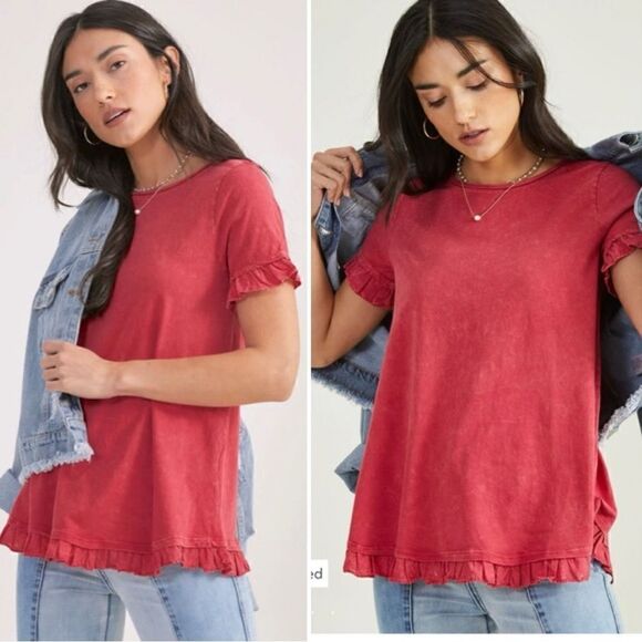 Altar'd State Boho Red Wren Ruffle Short Sleeves Tee - Picture 1 of 13